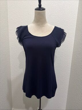 Premise Navy Short Sleeve Scoop Neck Top with Sheer Ruffle Sleeves